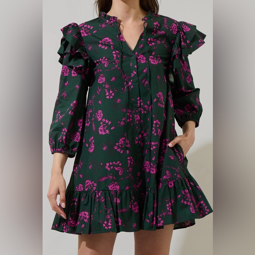 Sugarlips Long Sleeve Ruffle Floral Mini Dress Size XS Dark Green & Pink